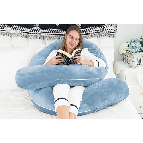 Image of U-Shaped Sleeping Pregnancy Pillow| Removable Washable Velvet Cover with Zipper| PregnoCare Fibre| Maternity, Nursing| Full Body Soft Support Bump, Head, Back, Shoulder, Hip, Legs & Belly (Royal Blue)