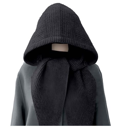 Balaclava Hat for Women Warm Ear Neck Hooded Scarf Hat Tie Fashionable Knit Skull Cap Solid Cold Weather Hats Black