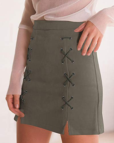Image of MANGOPOP Women's Classic High Waist Lace Up Bodycon Faux Suede A Line Mini Pencil Skirt (Army Green, Large)