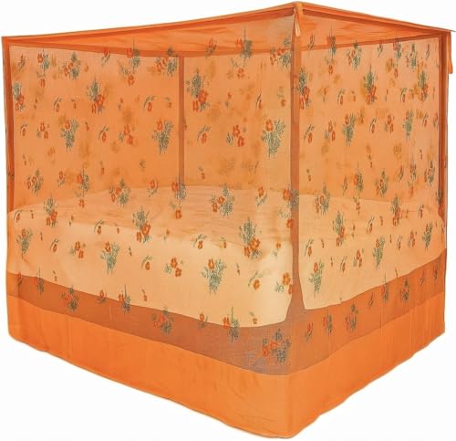 Image of Multicolor Soft Cotton Mosquito net Double Bed King Size | Pure Cotton Mosquito net (Printed-Orange, 7x5)