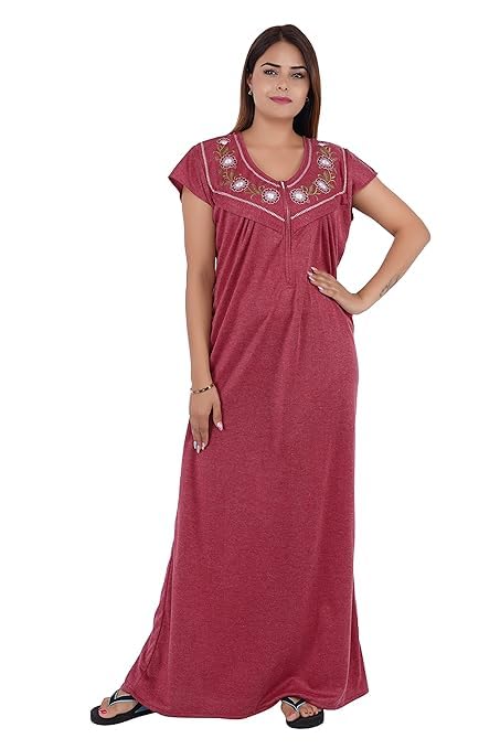 Image of Onekbhalo Women's- Full Sleeves-Feeding- Nursing- Maternity Nighty /Maxi /Gown /Nightdress /Nightwear- Hosiery Cotton Fabric- Floral Print- Embroidery with Zip