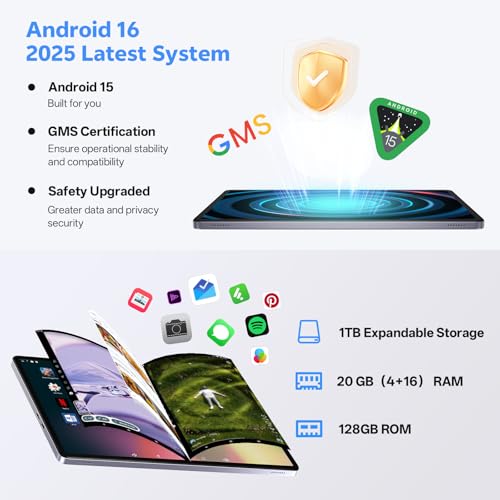 Image of 2025 Android 16 Tablet with Keyboard, 20GB+128GB 11 Inch Octa-Core 2-in-1 Tablets Dual Camera 8+13 MP, 5G /2.4G WiFi, 8800mAh, BT5.0, GMS Certified, with Mouse, Case, Stylus, (Gray)