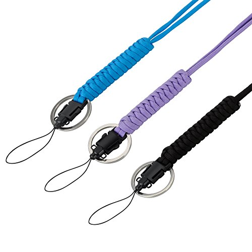 EOTW Paracord Lanyard Military Grade Utility Necklace Lanyard Paracord Rope Cord Whistles Keychain Camera Cellphone Waterproof Case Holder with Metal Ring Hook for Outdoor, 3 Pack (Black+Purple+Blue)