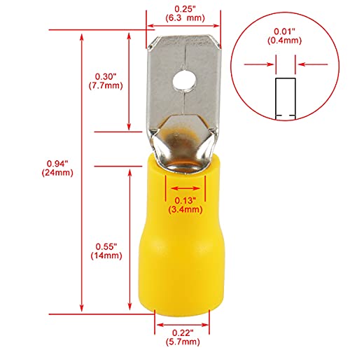 Baomain MDD 5.5-250 1/4 Inch Male Quick Disconnects Vinyl Insulated Spade Wire Connector Electrical Crimp Terminal 12-10 Awg 6.3Mm Yellow Pack Of 100 thumb #3
