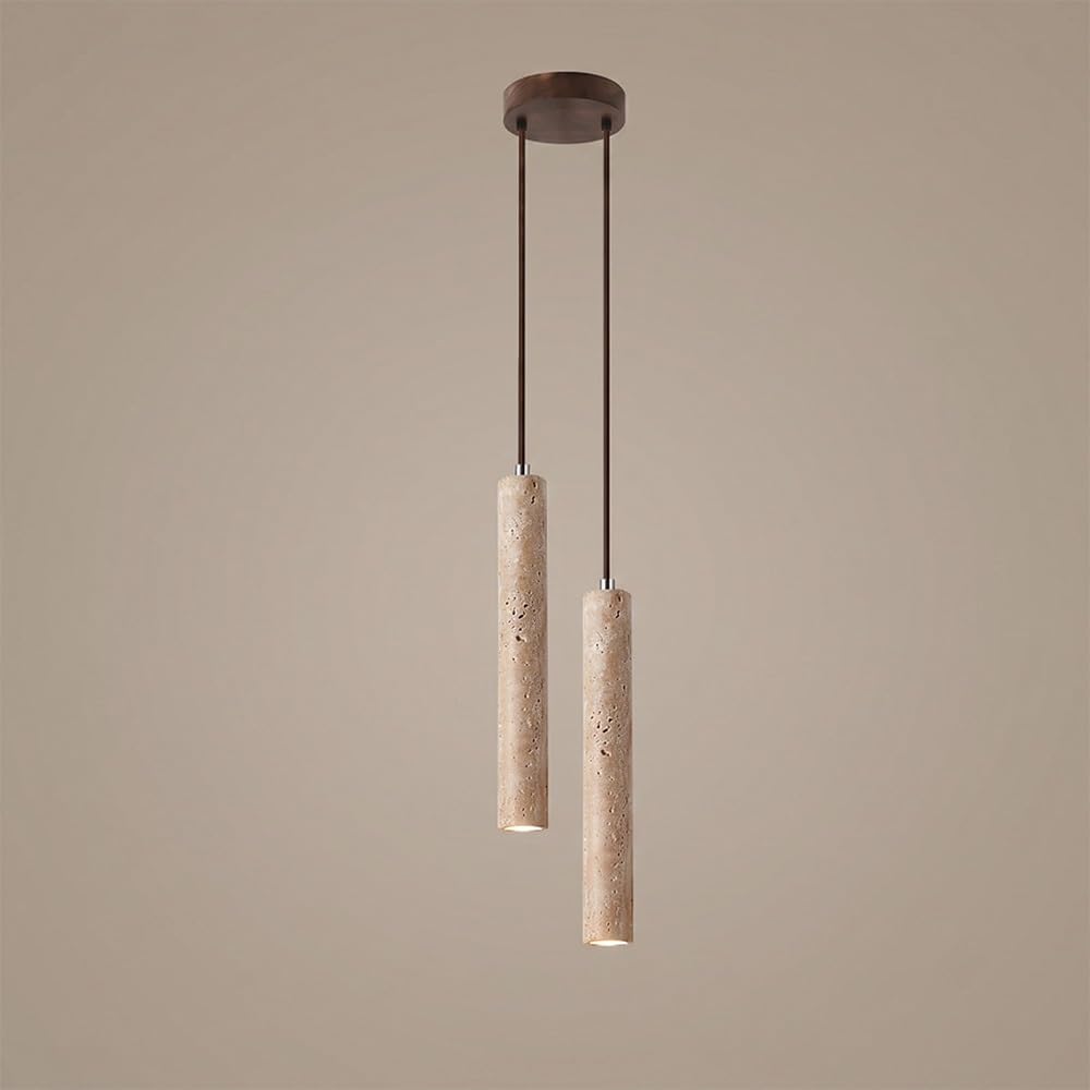 COSRUB Yellow Travertine 2 Light Pendant Light, Long Tube Stone Hanging Lamps Japanese Cream Cylindrical Chandelier for Bedroom Bedside Living Room Entryway(3000K)