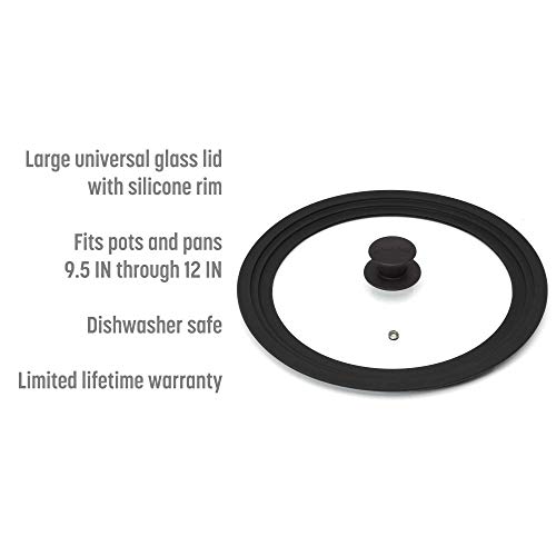 Goodful Universal Lid For Pots, Pans And Skillets, Tempered Glass Steam Vented, Graduated Silicone Rim Fits 9.5" To 12" Cookware, Replacement Top, Large, Black #TOP1