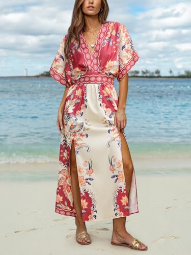 Image of CUPSHE Womens Tropical Floral Maxi Dress V Neck Short Sleeve Smocked Side Slit Dress Summer Vacation Beach Pocket Long Dress