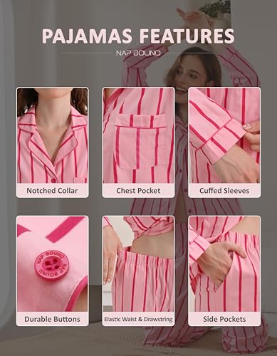 Image of NAP BOUND 100% Cotton Pajamas for Women 2 Piece PJs Set Long Sleeve Button Down Breathable Woven Sleepwear Loungewear XS-XXL