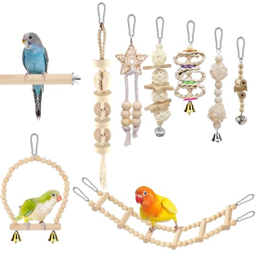 9 Stück Vogelspielzeug für Sittiche, Papageien Vogelkäfig Zubehör zum Aufhängen Vogel Spielzeug Aus Holz Wellensittiche Schaukel Papageienspielzeug Nymphensittiche Kauspielzeug