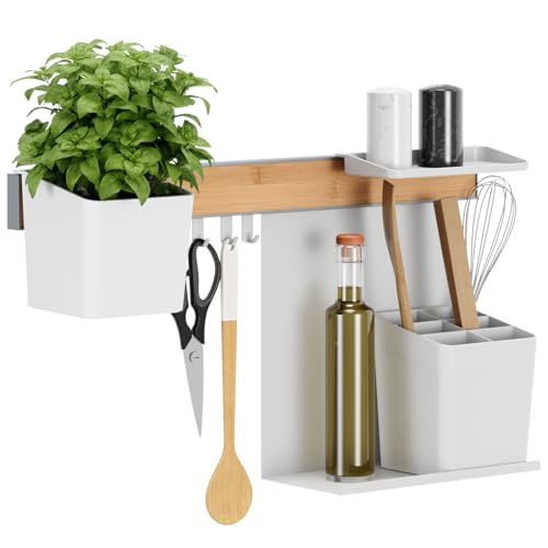 tesa Kitchen Organiser Combo Set M - Self-Adhesive Wall Mounted Kitchen Rail System with Herb Pot, 2 Shelves, Utensil Holder, 3 Hooks - Bamboo/White