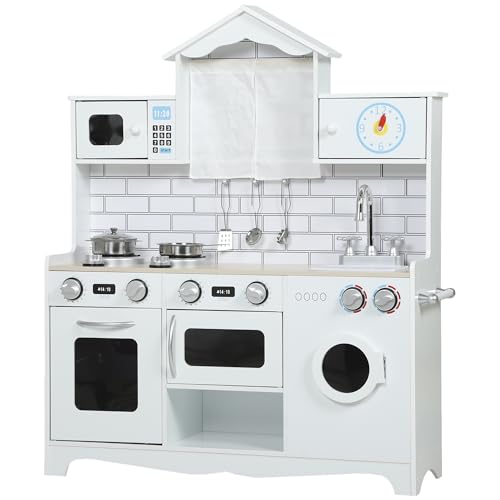 AIYAPLAY Cocina de Juguete de Madera con Sonido y Cortinas, Cocinita Infantil con Accesorios de Acero Inoxidable, Lavadora, Microondas, Fregadero, Juguetes para Niños a Partir de 3 Años, Blanco