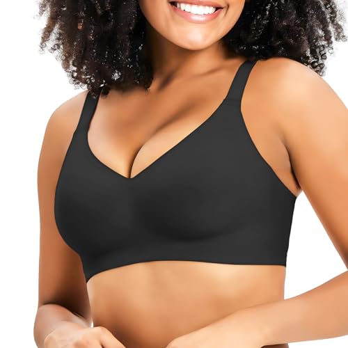 Greoay Bras for Women Wireless Push Up Seamless Wire-Free Bras Full Support T-Shirt Bra V Neck Comfortable Adjustable Bra Elegant Black