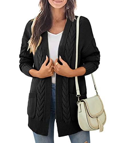 Qualfort Women's Cable Knit Open Front Cardigan Long Sleeve Oversized Chunky Sweaters With Pockets Black Large #TOP17