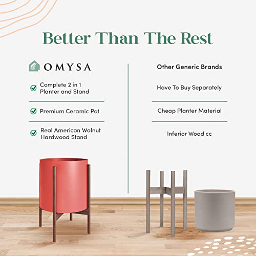 Mid Century Plant Stand With Pot Included - 10 inch Planter with Stand for Indoor Plants & Flowers - Large Ceramic Planters - Wood Legs, Modern, Tall Floor Wooden Snake Plant Pot Stand Holder - Red