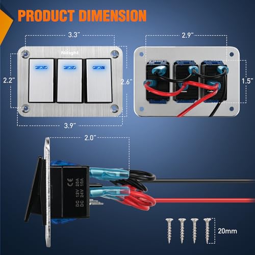 Image of Nilight 3 Gang Rocker Switch Panel 3 Pin On Off Pre-Wired Blue LED | Waterproof Aluminum Toggle Switches with DIY Stickers for 12V 24V Automotive Cars Marine Boats UTV Truck Jeeps