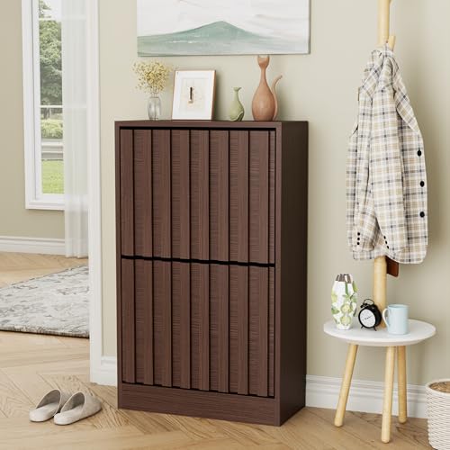 UEV Armoire à Chaussures avec 2 Abattants, Meuble à Chaussures Inclinable, Étagère Réglables et Amovibles, Motif en Ligne, pour Entrée, Couloir, Salon,...