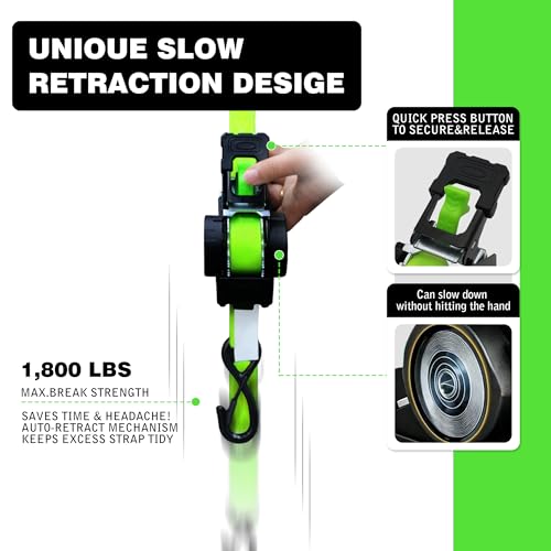 Image of Retractable Ratchet Straps 1 inch x 13Ft, Heavy Duty Self Retracting Tie Down Straps, 1800lb Break Strength Auto Retract Cargo Straps for Truck, Trailer, Motorcycle, ATV, UTV, (Fluorescent Green, 4 Pack)