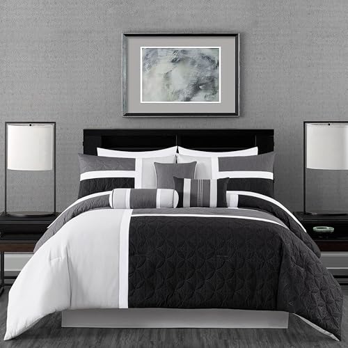 Chezmoi Collection Upland 7-Piece Quilted Patchwork Comforter Set, Black/Gray/Light Gray, King