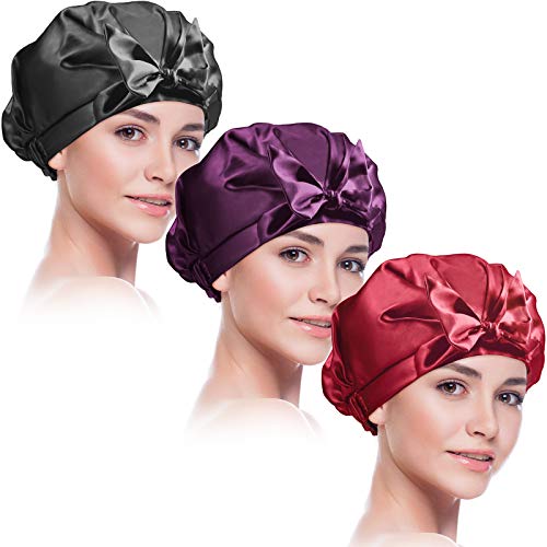 3 Pieces Shower Caps Double Layer Bath Hair Caps Waterproof Bowknot Bathing Caps Silky Satin Shower Cap Reusable Bathing Shower Hat for Women Bathing, Hair Spa, Travel Use (Black, Red, Purple, Adult)