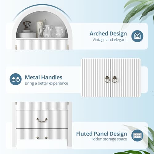 Image of FURSUN 71 inch Arched Storage Cabinet with Fluted Doors, Tall Wood Pantry Cabinet with Drawers & Adjustable Shelves, Modern Coffee Bar Cabinet, White