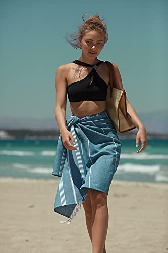 SMYRNA TURKISH COTTON Classical Series Beach Towel|180 x 90cm 100% Cotton|Extra Large Wearable Turkish Bath Towel|Made in Turkey|No Shrink|Premium Luxury Striped Linen - Navy - Image 2