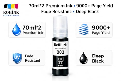 Image of ROHINK 003 Compatible Refill Ink for Epson L3110, L3150, L3250, L3252, L3115, L3116, L3101, L3210, L3215, L3216, L3151, L3152, L3156, L5190 Printers (003 Black Pack 2)