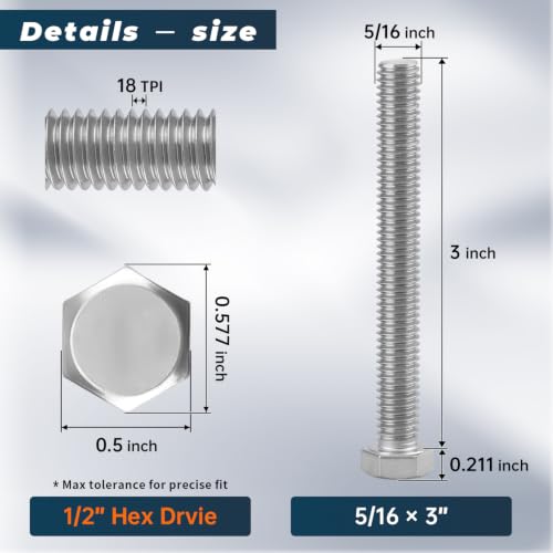Image of 8 Sets Glvaner 5 /16-18 x 3 inch Stainless Steel Hex Head Screws Bolts, Nuts, Flat & Lock Washers, 18-8 (304) Stainless Steel, Full Thread, Coarse Thread