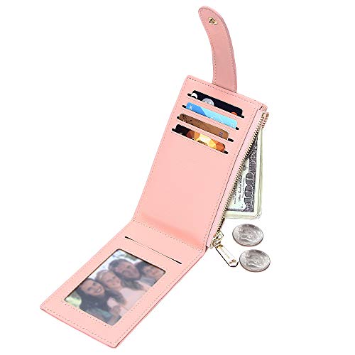 Image of Badiya Slim Women Wallet RFID Blocking Bifold Compact 9 Card Slots Holder Wallets Soft Leather with Zipper Coin Pocket 2 ID Window