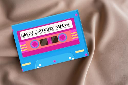 Gruß Karte mit Umschlag - Geburtstagskarte 80er 90 er Blaue Happy Birthday Mix Vol Tape Party Einladungskarte Vintage Retro Style Kasette Geschenkkarte Audiophil Nostalgie Musik Kindheit (DIN A6)