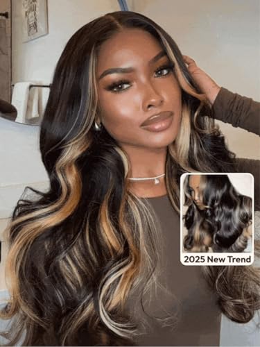 Image of Beauty Forever 7x5 Bye Bye Knots Loose Body Wave Dark Brown Wig with Face-Framing Highlights Bangs Glueless Wigs Human Hair Pre Plucked Pre Cut HD Lace Closure Ready to Go Wig 150% Density 18inch