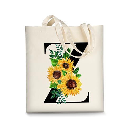 AUSVKAI Canvas Tote Bag Aesthetic for Women Cute Sunflower Initial Trendy Monogram Personalized Initial Birthday Reusable Cloth Cotton Bags with Handle for Grocery College Shopping Beach
