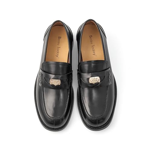 Image of BEAU TODAY Platform Loafers for Women,Chunky Loafers Women,Leather Comfortable Shoes,Lug Sole Metal Buckle Business Work Shoes Black