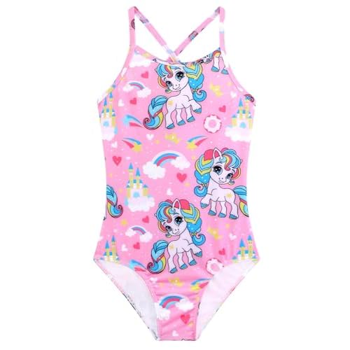 Girls One Piece Swimsuits Summer UPF 50+ Quick Dry Beach Bathing Suit Cross Shoulder Strap Swimwear 2-10 Years Pink Unicorn 3-4T