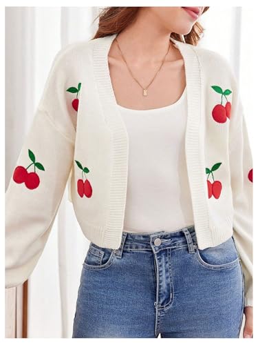 SHENHE Girl's Cherry Cardigan Open Front Embroidered Lantern Sleeve Cropped Cardigan Sweater4