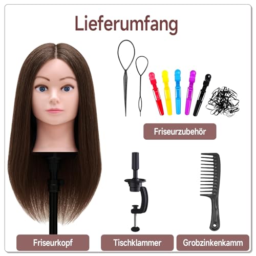 TwoWin Friseurkopf mit Haaren, 20 Zoll (50.8 cm) 100% Echthaar Mannequin Kopf, Übungskopf Haar Friseur, Trainingsköpfe für Styling & Friseurpraxis mit DIY Haare Frisuren Set (Braun)