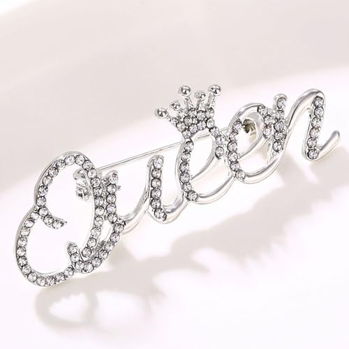 Image of Rhinestone Crown Queen Brooch Pin,Gold Silver Crystal Letters Queen Suit Lapel Pin Queen Badge Pin Jewelry for Women Girls Gifts
