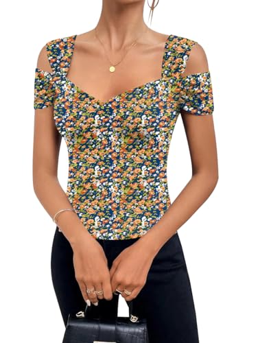 Image of Blingfit Blouses for Women Dressy Casual Sexy V Neck Off Shoulder Cold Shoulder Halter Tops Half Sleeve Shirts for Ladies XL, Blue Orange Flower