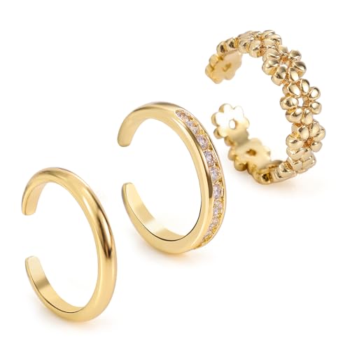 Mikovivi 3st Guldtåringar, Öppna Justerbara Koppartåringar Set med Blommande Diamanter Enfärgade Fotringar Sommar Strandfotsmycken för Kvinnor