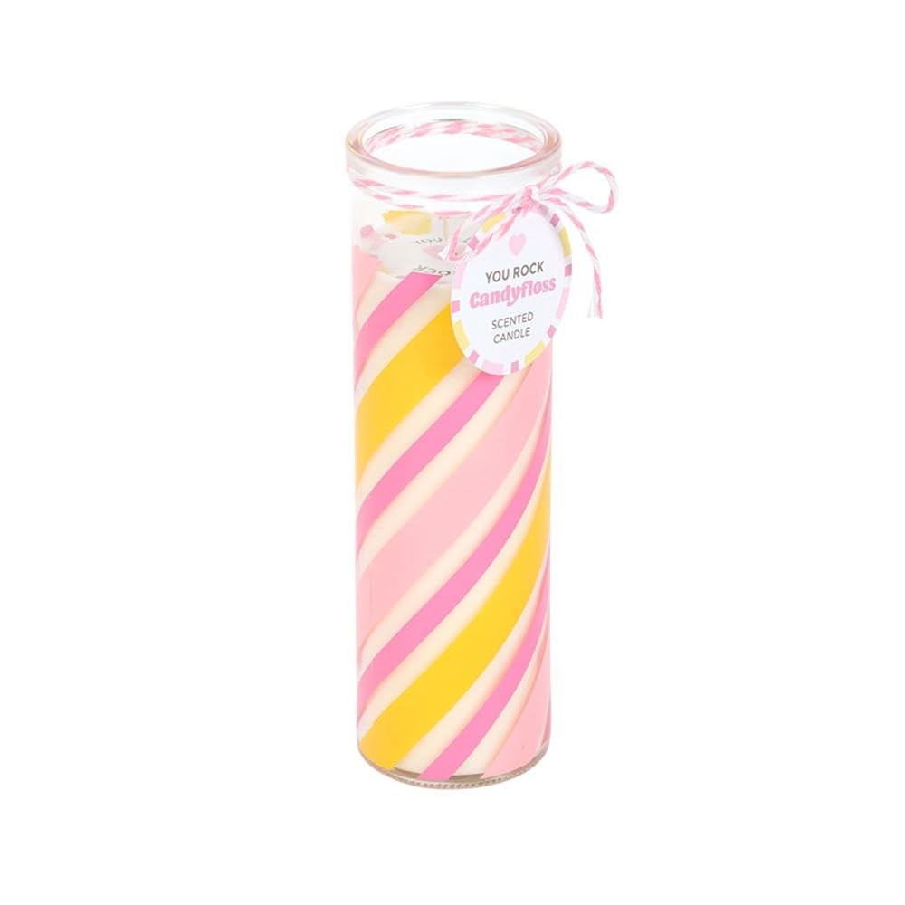 Candy Stripe Candyfloss Tube Candle | 55-Hour Burn in Pink Rock-Style Glass Jar | Fun Sweet Scented Gift with “You Rock” Tag | Retro Summer Home Decor | Quirky Kitsch Candle