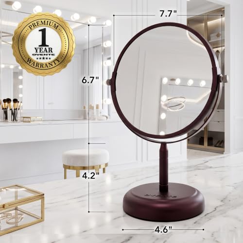 Image of OVENTE 7'' Makeup Mirror with 1X /5X, Antique Bronze MNLDT70ABZ1X5X | Tabletop 360 Swivel Design and Double-Sided Free-Standing Vanity Perfect for Dresser, Bedroom and Office Desk