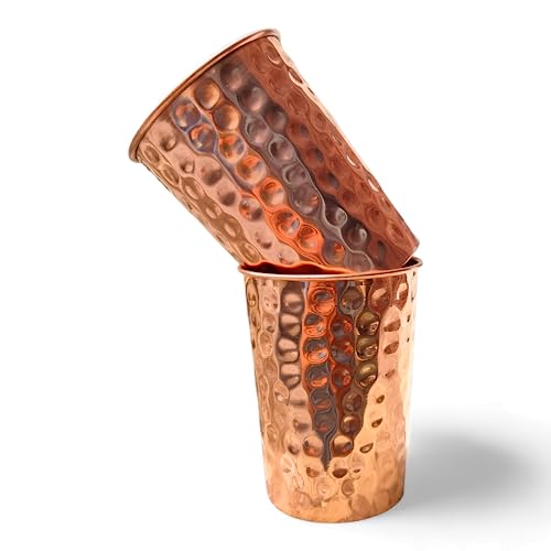 Image of Set of 2 Hammmered Pure Copper Cups For Drinking Water Glasses Tumblers Glass for Ayurveda Health Benefits