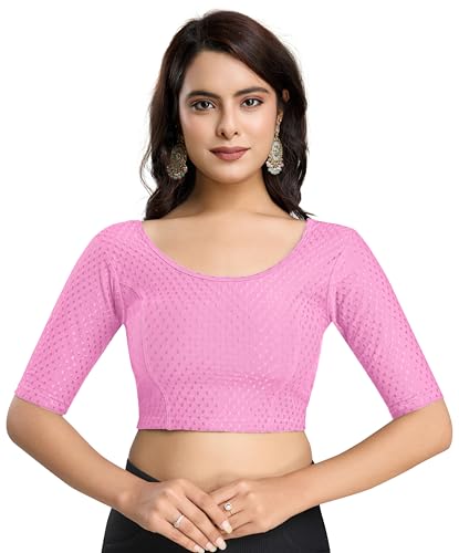 Image of TRENDMALLS Women's Dobby Pure Cotton Elastin Stretchable Readymade Round Neck Elbow Length Sleeves Blouse Choli Stylish Saree Blouse Ready to Wear