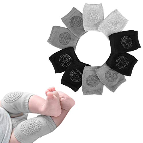 Baby Crawling Pads 5 Pairs Anti Slip Knee Pads Unisex Baby Knee Protectors Toddler Leg Warmer Safety Walking Kneepads (Gray+Black+Dark Gray)