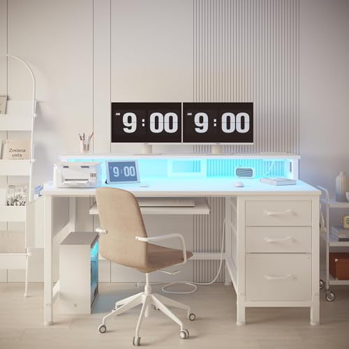 Image of Lufeiya Gaming Desk with LED Lights and Power Outlets, 47 Inch Home Office Desks with Keyboard Tray, White Computer Desk with File Drawers Cabinet, Writing Table PC Desks with Monitor Stand, White