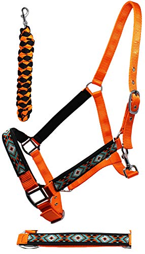 CHALLENGER Horse Cob Nylon Beaded Neoprene Padded Adjustable Halter Lead Orange 606175OR-C