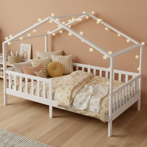 Bellabino Bia Kinderbett 120x200 cm – Hausbett mit Rausfallschutz & Lattenrost – Montessori Kinder Bett aus Massivholz Kiefer – Kinderhausbett für Jungen und Mädchen in Weiß