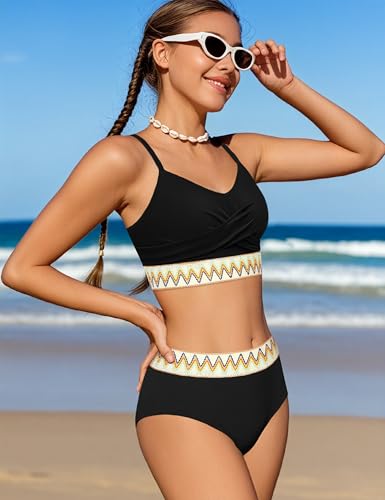 Girls Swimsuit 2 Piece Teen Criss Cross Bikini Set Woven Color Block Welt Bathing Suit for Girls Swimwear 9-18T4