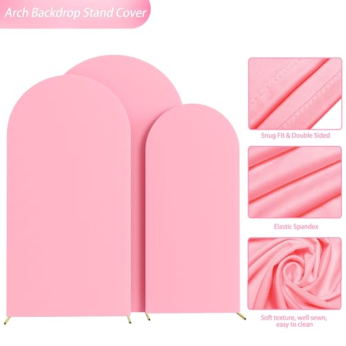 Image of Wokceer Wedding Arch Cover (7.2FT, 6.6FT, 6FT) Set of 3 Spandex Fitted Wedding Arch Stand Covers for Round Top Chiara Arch Backdrop Stands Cover for Birthday Party Ceremony Banquet Decor Pink