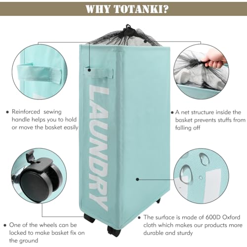 TOTANKI 25" Rolling Slim Laundry Basket on Wheels, Foldable Laundry Hamper with Handle, Collapsible Laundry Sorter and Organizer, Tall Storage Basket Bin (Light Blue) - Image 6