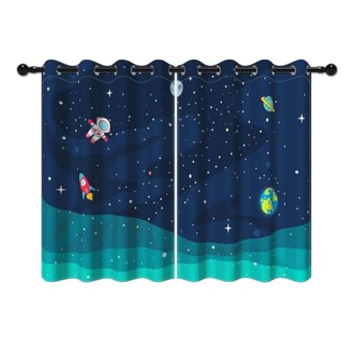 YONGFOTO Cortinas Espacio Opacas para Dormitorio Infantil Universo Galaxia Cohete Planetas Astronauta Cortina Infantiles Niño Habitación con Ojales Azul Marino 2 Paneles 107 x 160 cm | Ya disponible en tu tienda friki favorita! En mundofriki.es!